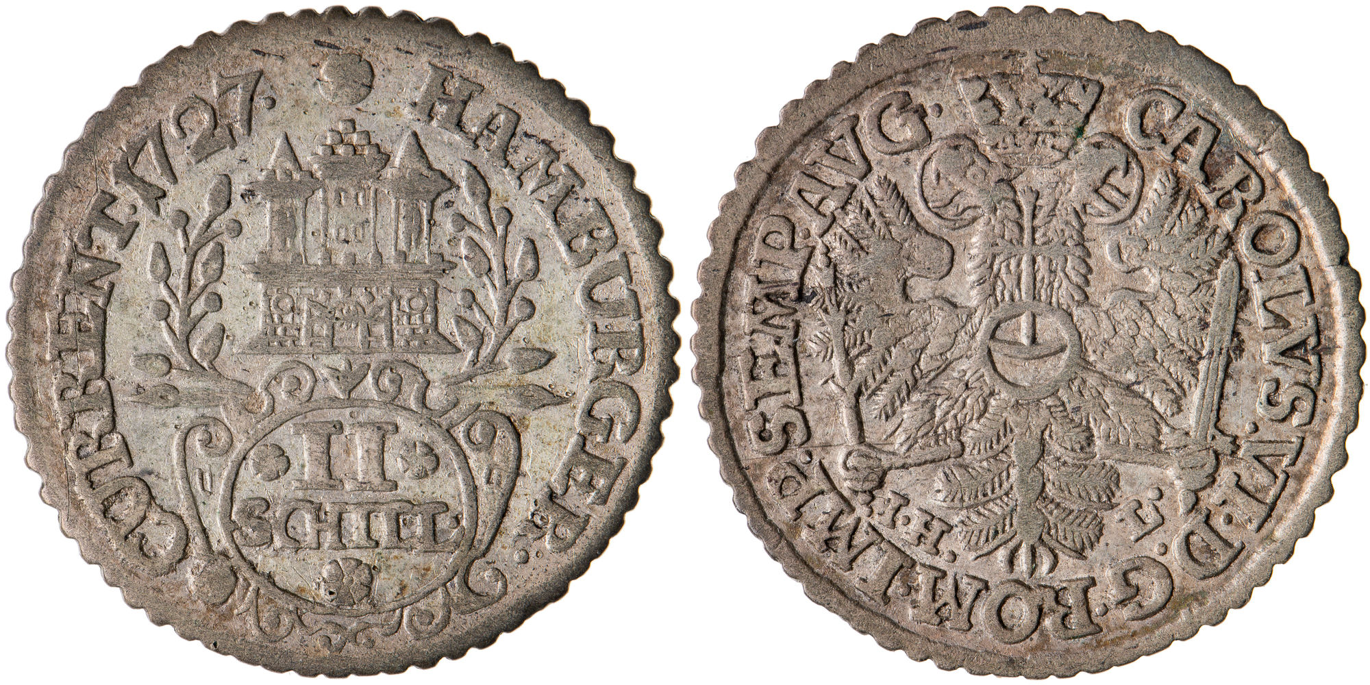 German States, Free Hanseatic City of Hamburg, Two Schilling, 1727, VF