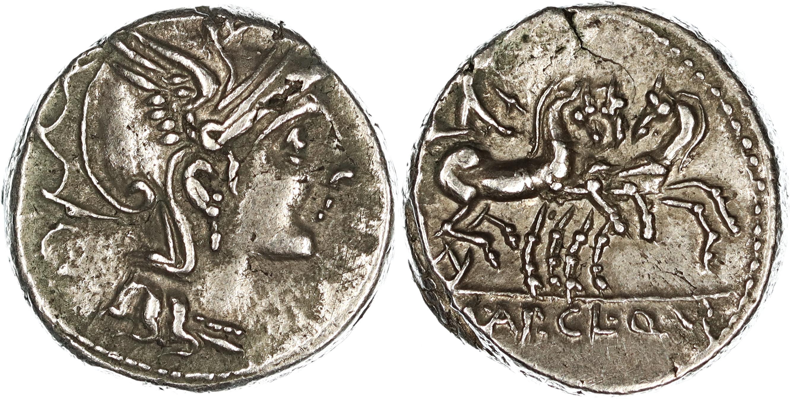 Roman Republic, Ap. Claudius Ap.f. C.n. Pulcher, T. Manlius Mancinus & Q. Urbinius, Silver Denarius, 111-110 BC, nEF