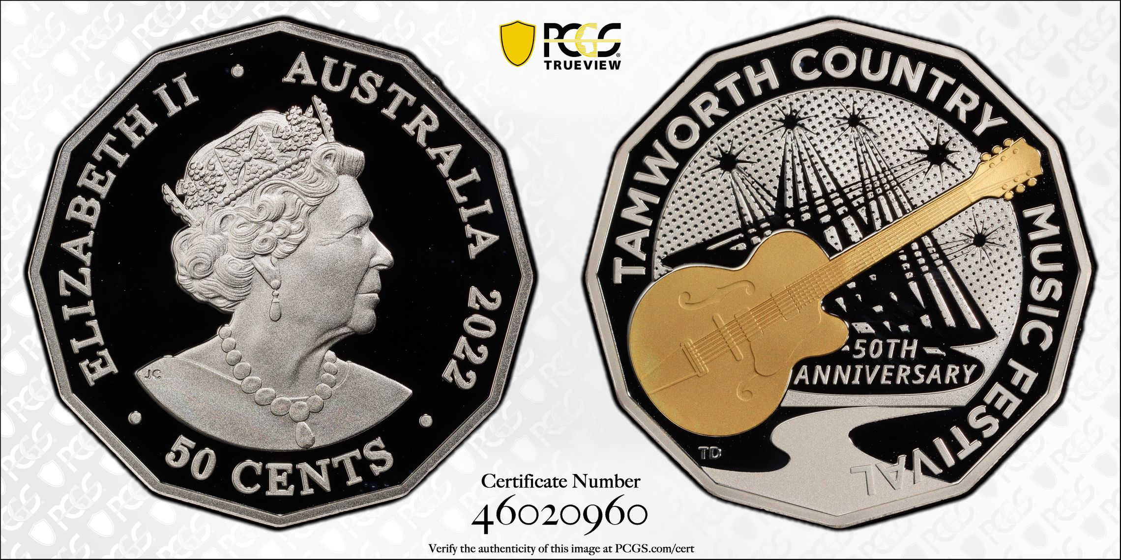 Tamworth Music Festival Partial Gilt, Fifty Cent, 2022, PCGS PR69DCAM