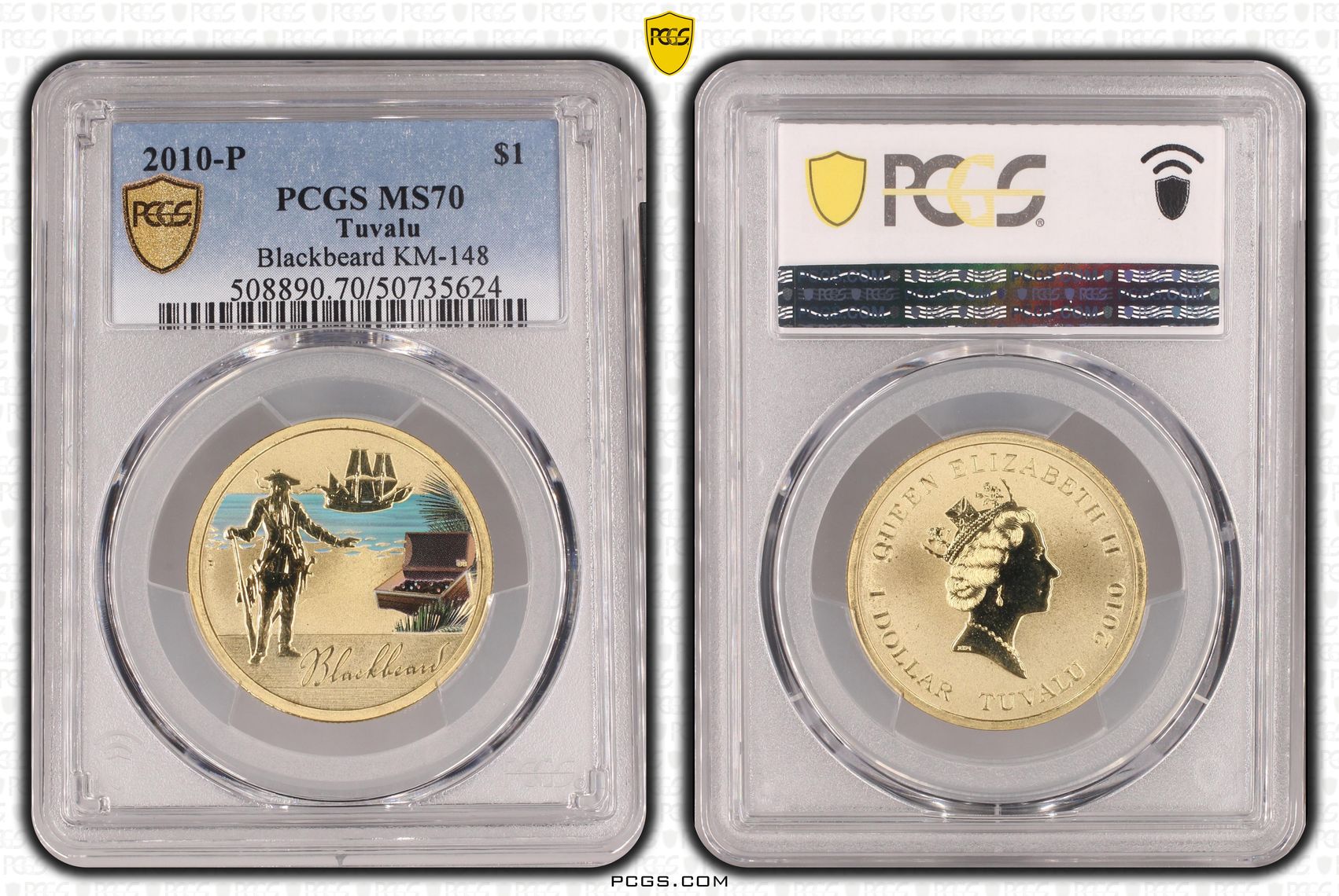 Tuvalu, Blackbeard KM-148 POP 3/0, One Dollar, 2010-P, PCGS MS70