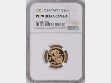 2001 ELIZABETH II PROOF GOLD HALF SOVEREIGN PF70 UCAM