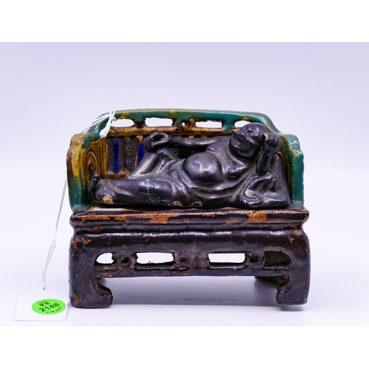 2pc Antique Chinese Shiwan Reclining Buddha & Settee- repair to Buddha- 4.25x5''