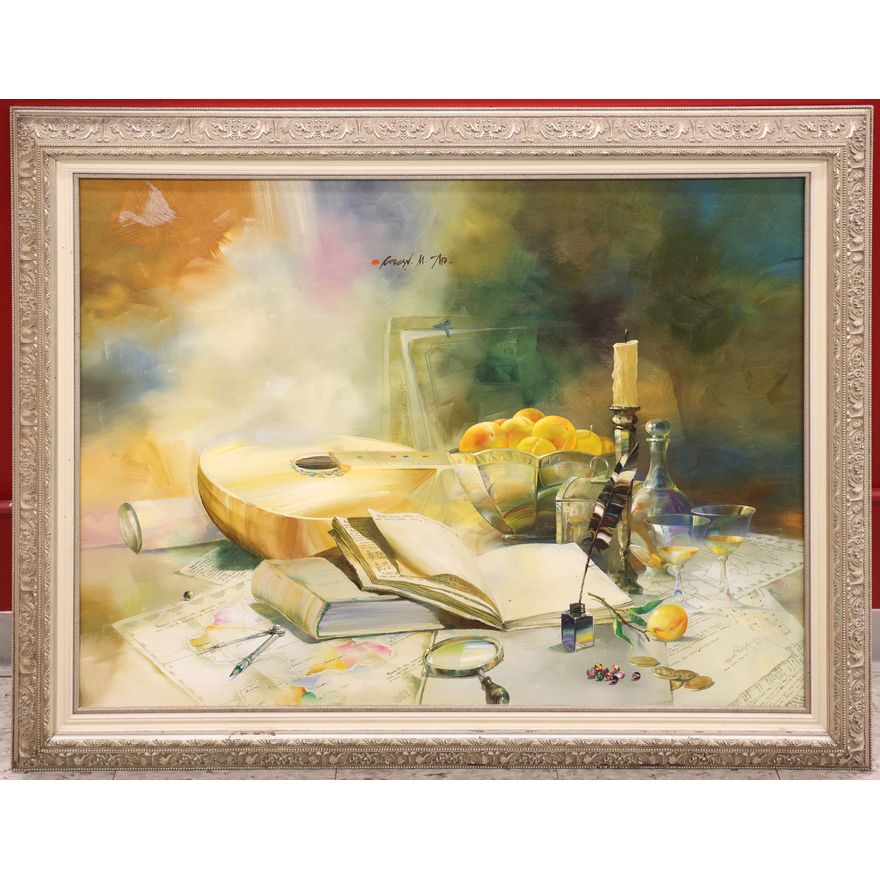 Michael Gorban (Russian) Still Life with Lute Oil Painting Framed 37''x47''