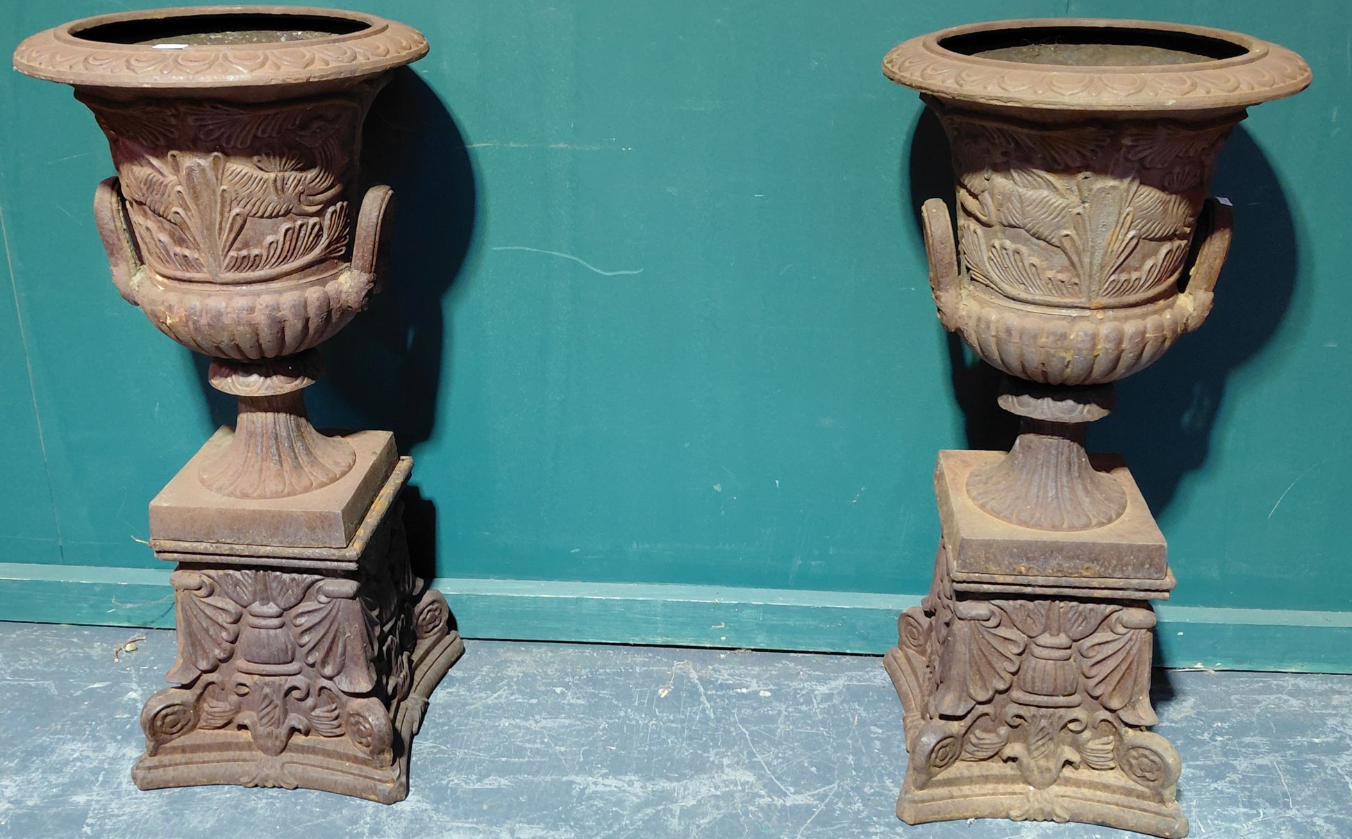 CAST IRON URNS ON STANDS