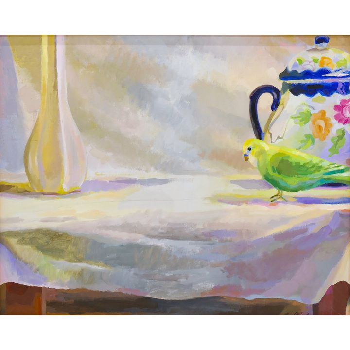 Paul Moival ''Still Life with Parakeet'' 1982 Acrylic Framed 17''x21''