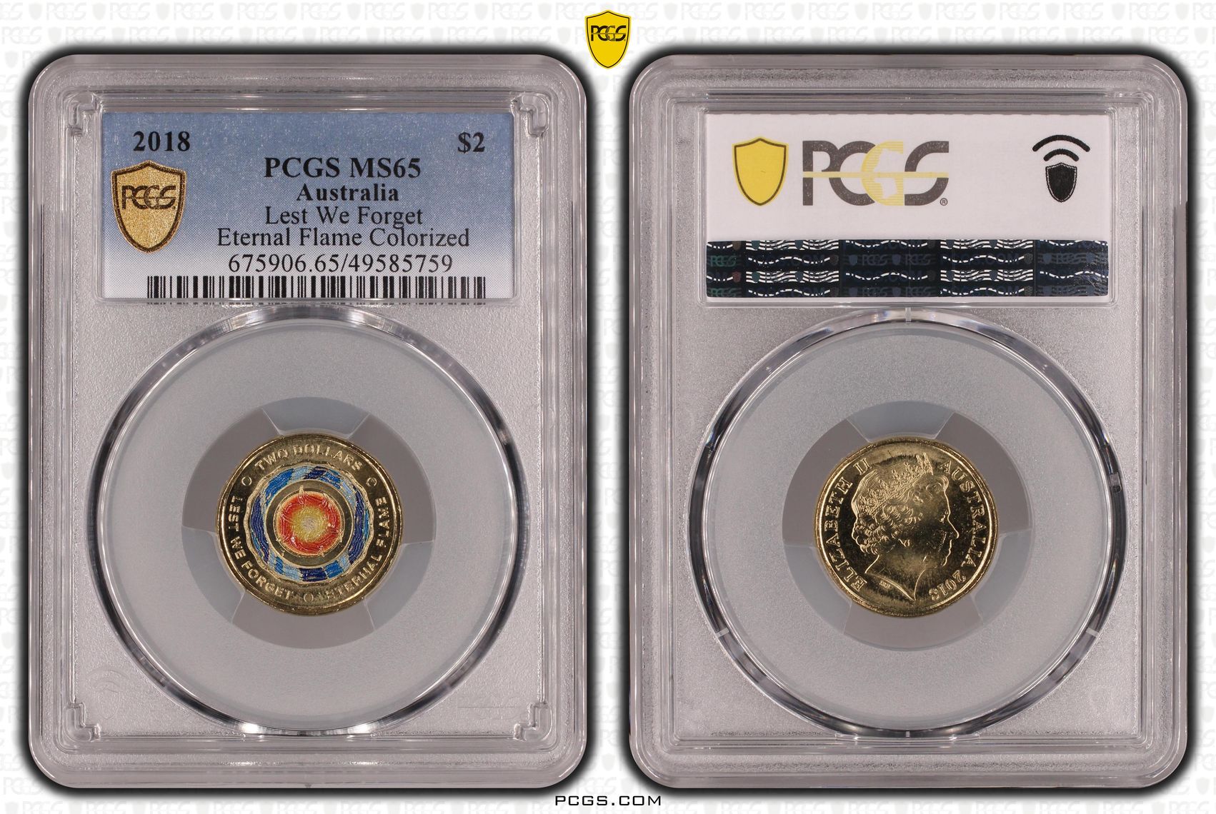 Elizabeth II, Lest We Forget - Eternal Flame Colorized , Two Dollar, 2018, PCGS MS65