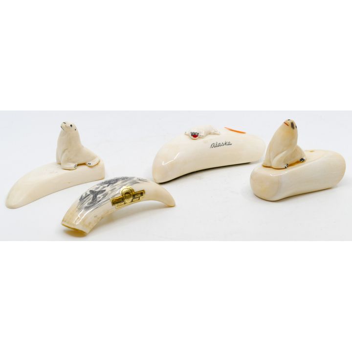 4pc Inuit Carved Seals & Scrimshawed Tooth Largest 4''