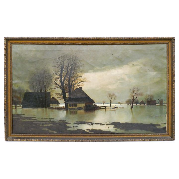 Antique Dutch School Moonlit Flooded Landscape Oil on Canvas. Unsigned.