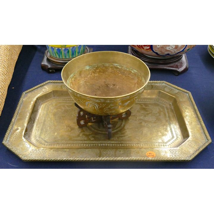 2pc Old Chinese Brass Tray and Bowl 7.5'' to 18''