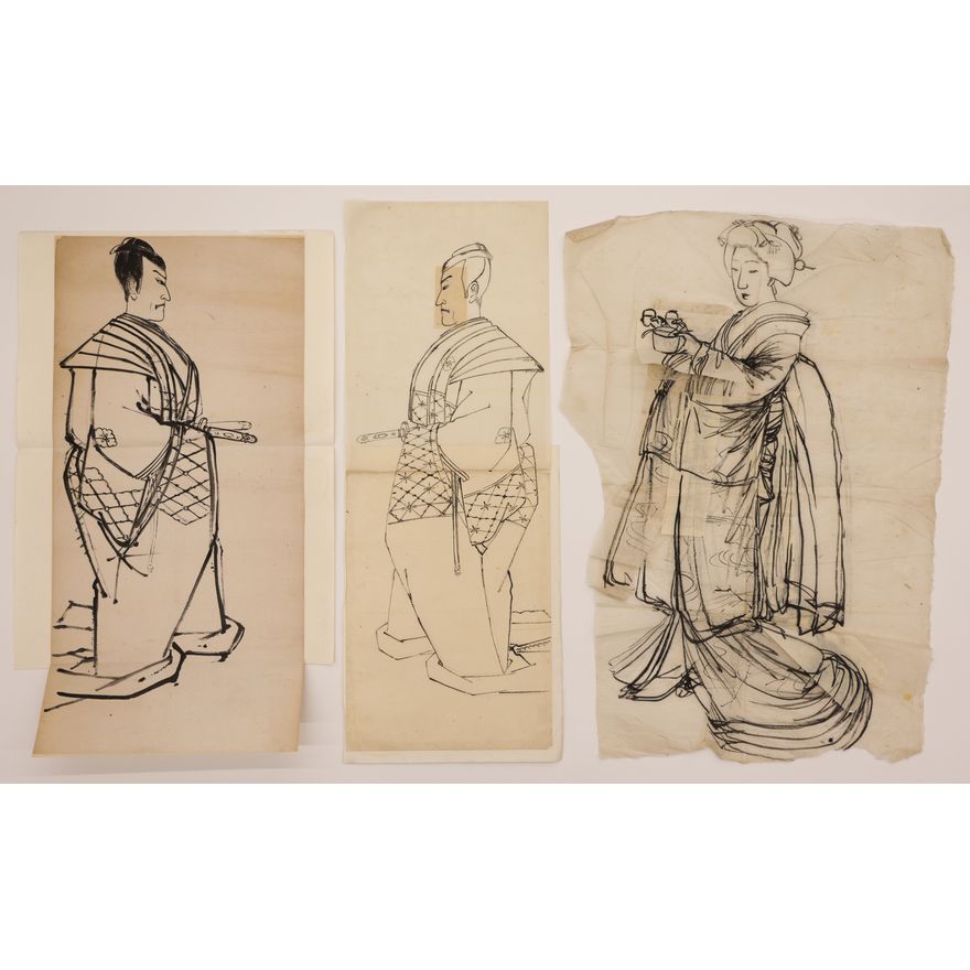 3pc Utagawa Kunisada Japanese Ink Drawings