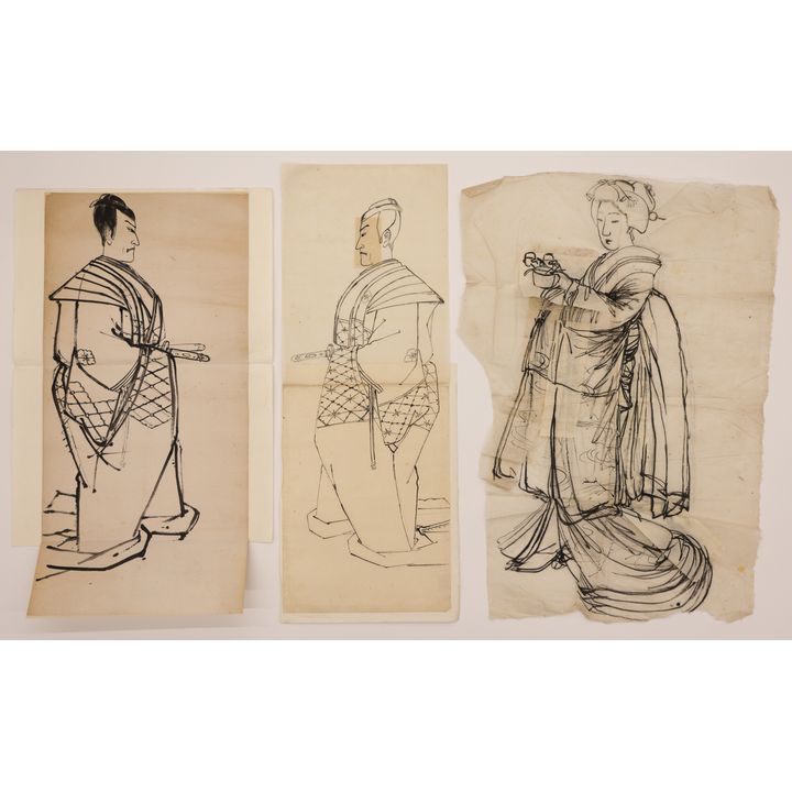 3pc Utagawa Kunisada Japanese Ink Drawings