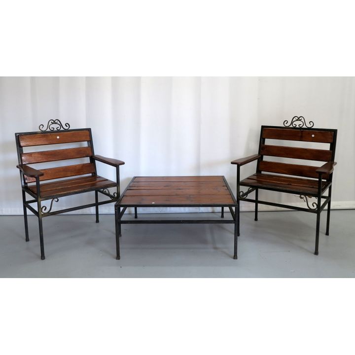 PAIR OF SLATTED WOOD AND STEEL CHAIRS AND A COFFEE TABLE