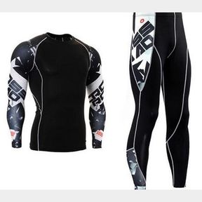APEY MENS WORKOUT COMPRESSION GYM SET - SPORTS TIGHTS & LONG SLEEVE SHIRT M - 52055/23459