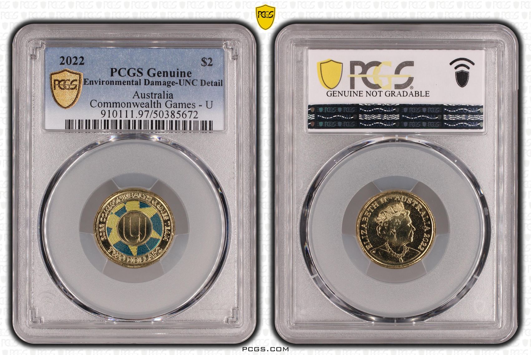 Elizabeth II, Commonwealth Games - U, Two Dollar, 2022, PCGS Genuine - UNC Details (97 - Environmental Damage)