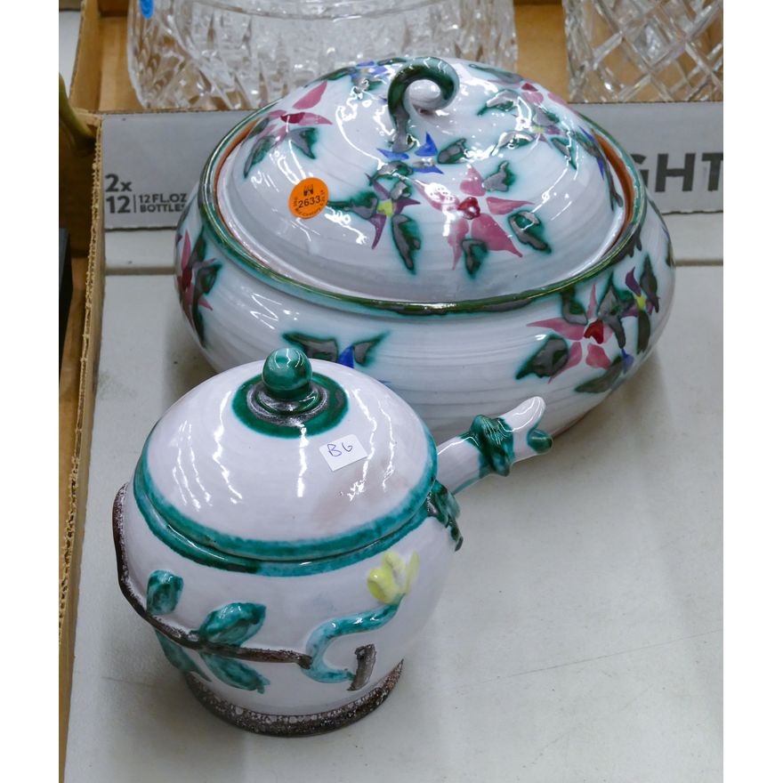 2pc Faience Pottery Covered Servers 5'' to 9''