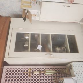 Old painted storage cabinet, glass door, drawers in bottom