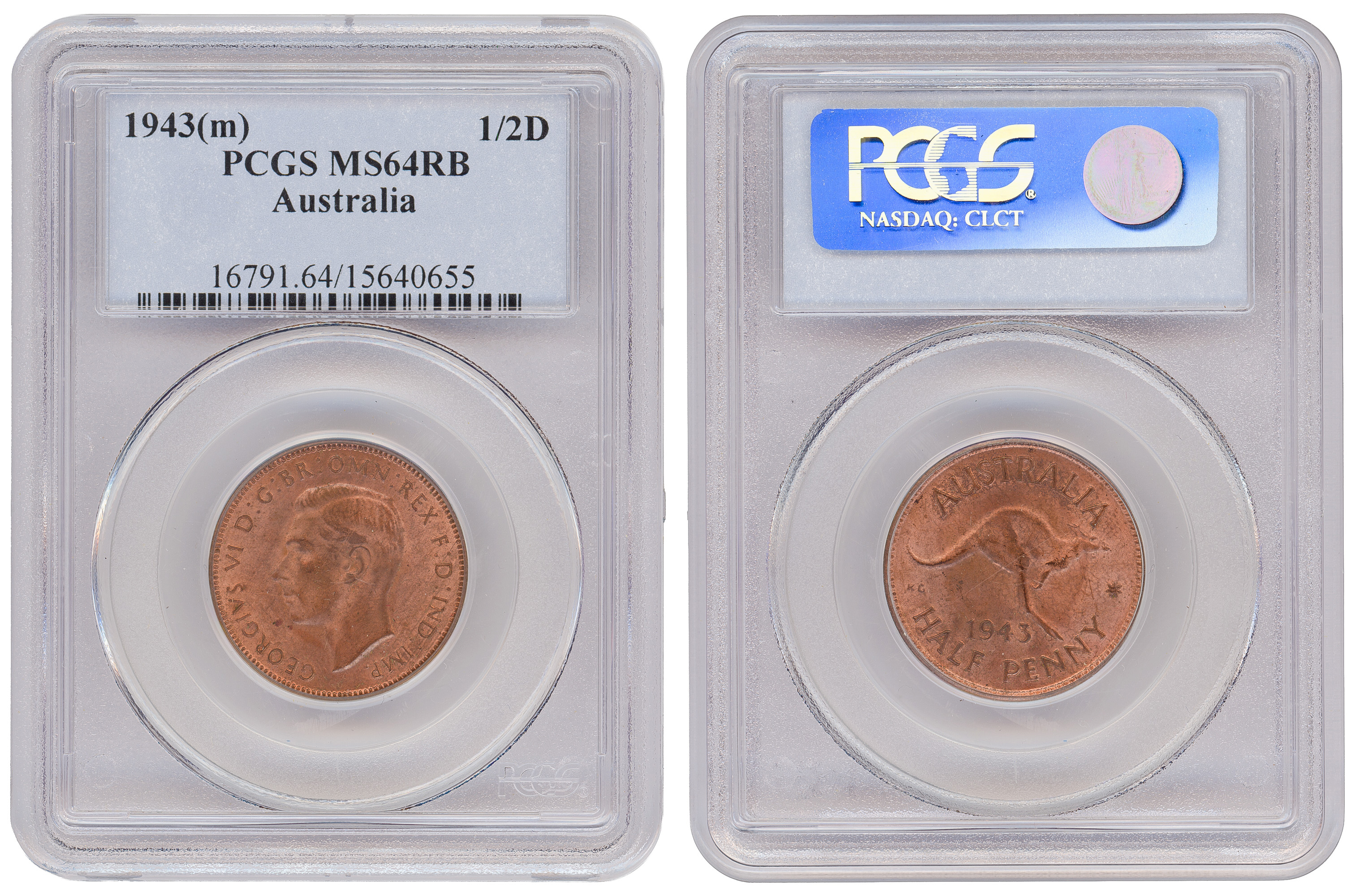 George VI, Halfpenny, 1943(m), PCGS MS64RB