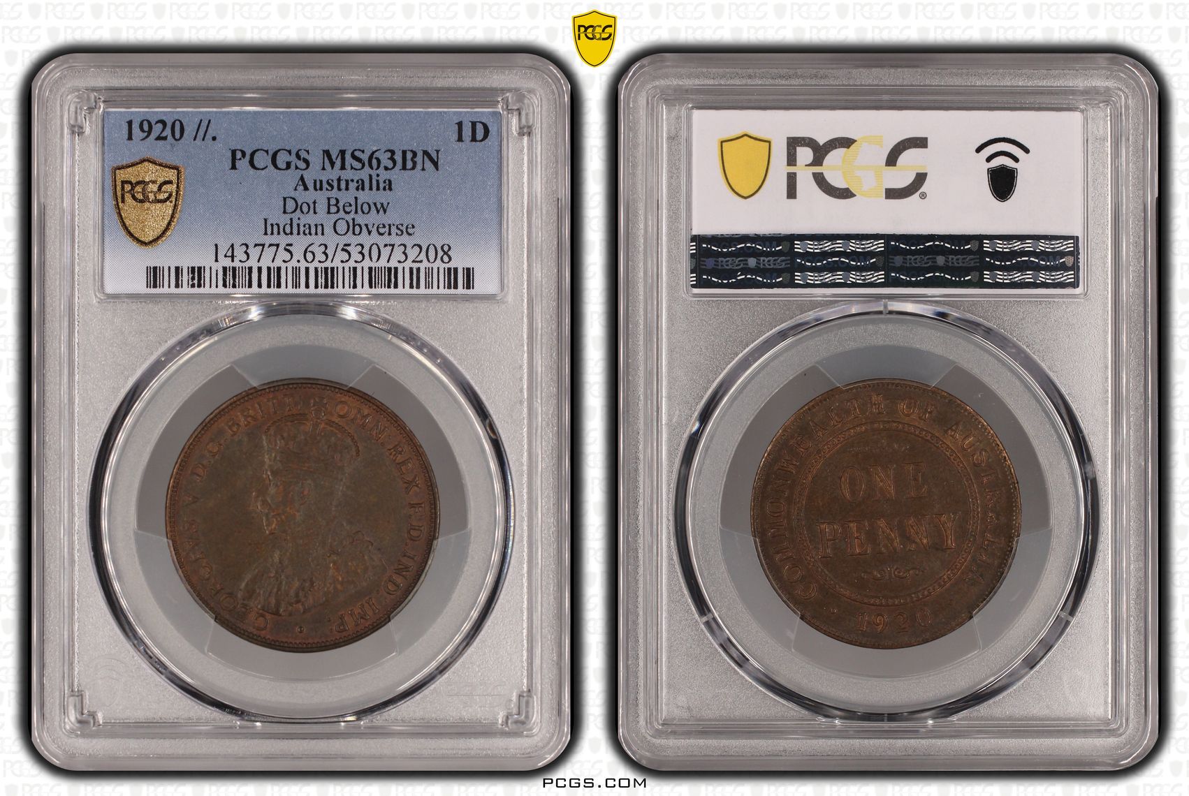 George V, Penny, 1920 - //., PCGS MS63BN
