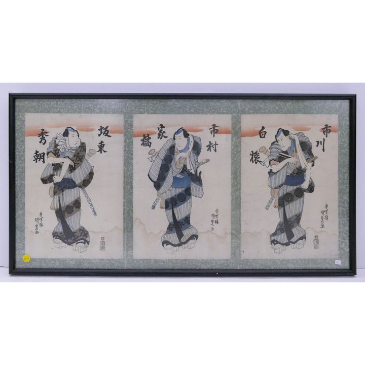Japanese Meiji Samurai Woodblock Triptych Framed- 18x35'' (some staining)