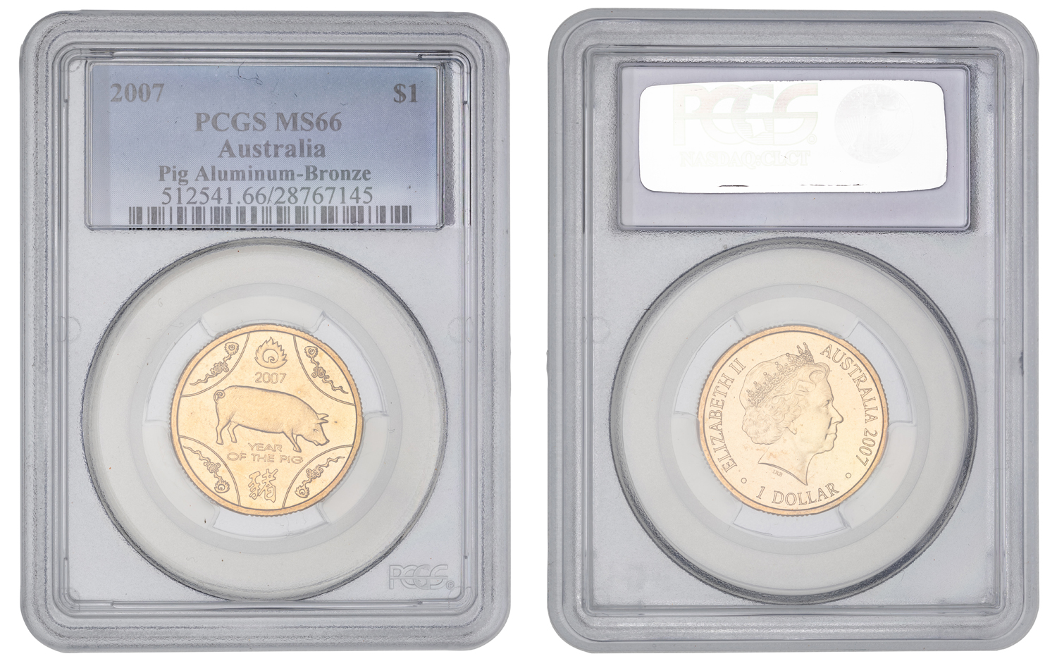 Elizabeth II, Yea of the Pig - Aluminum-Bronze, One Dollar, 2007, PCGS MS66