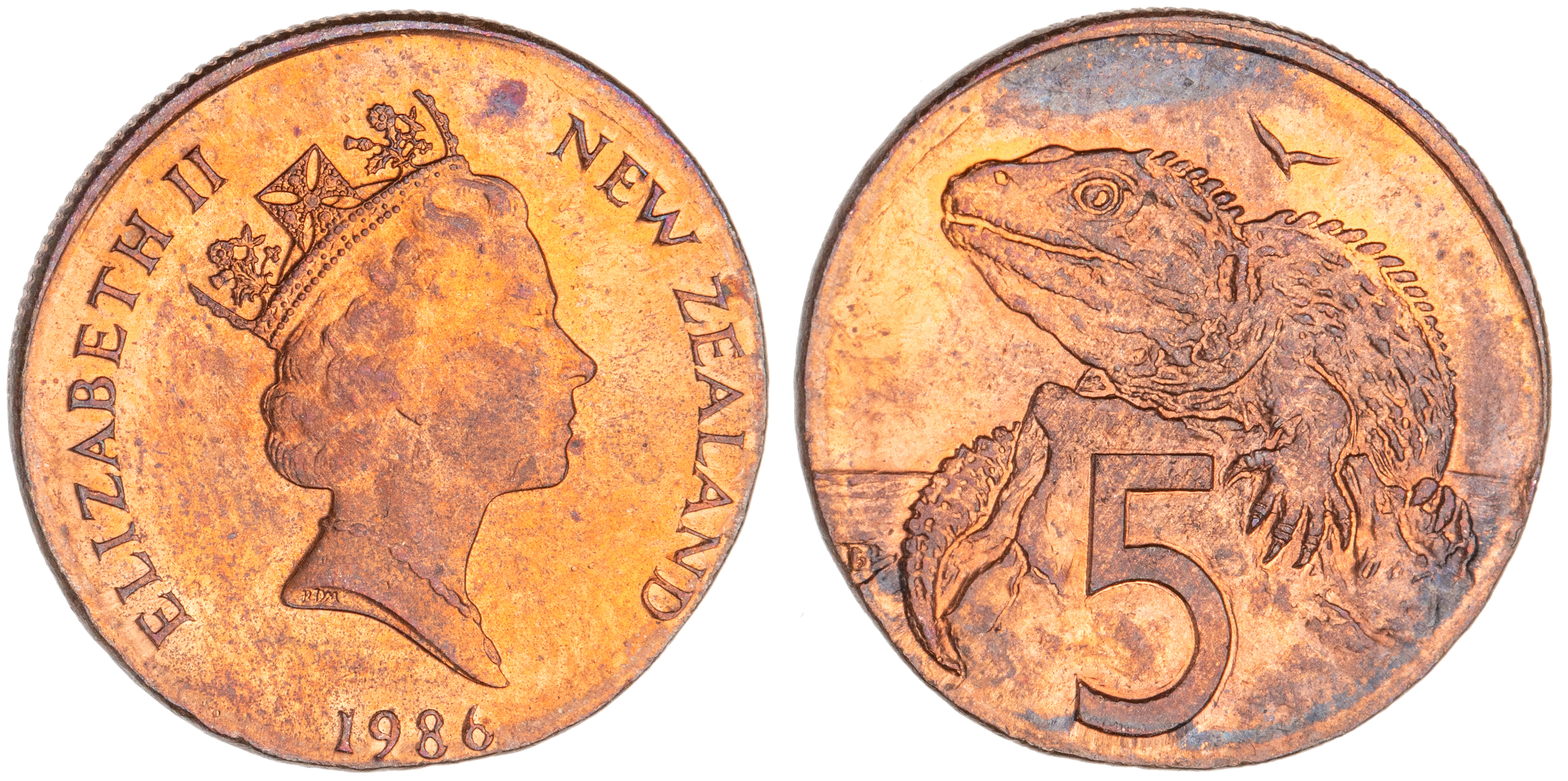 New Zealand, Elizabeth II, Five Cents, 1986, CHU
