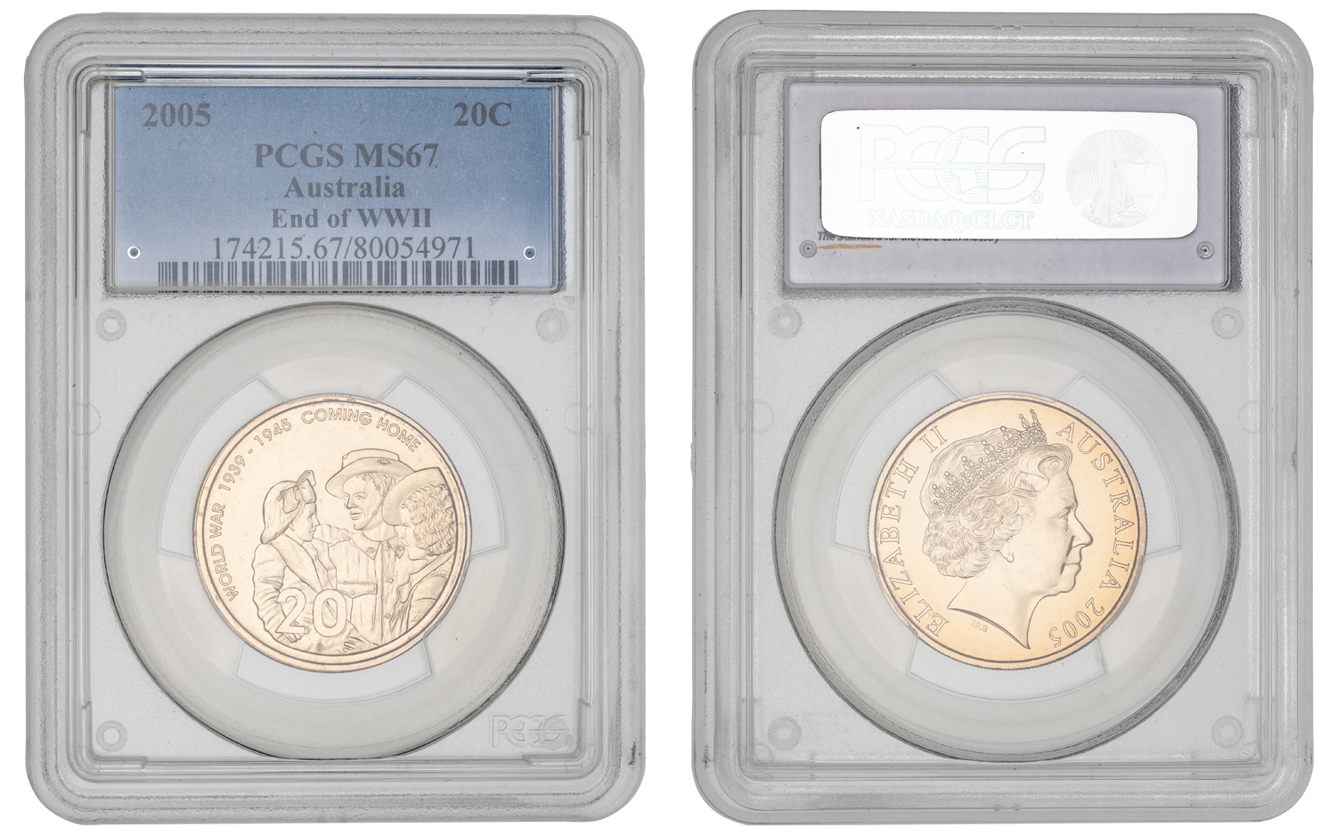 Elizabeth II, End of WWII, Twenty Cent, 2005, PCGS MS67