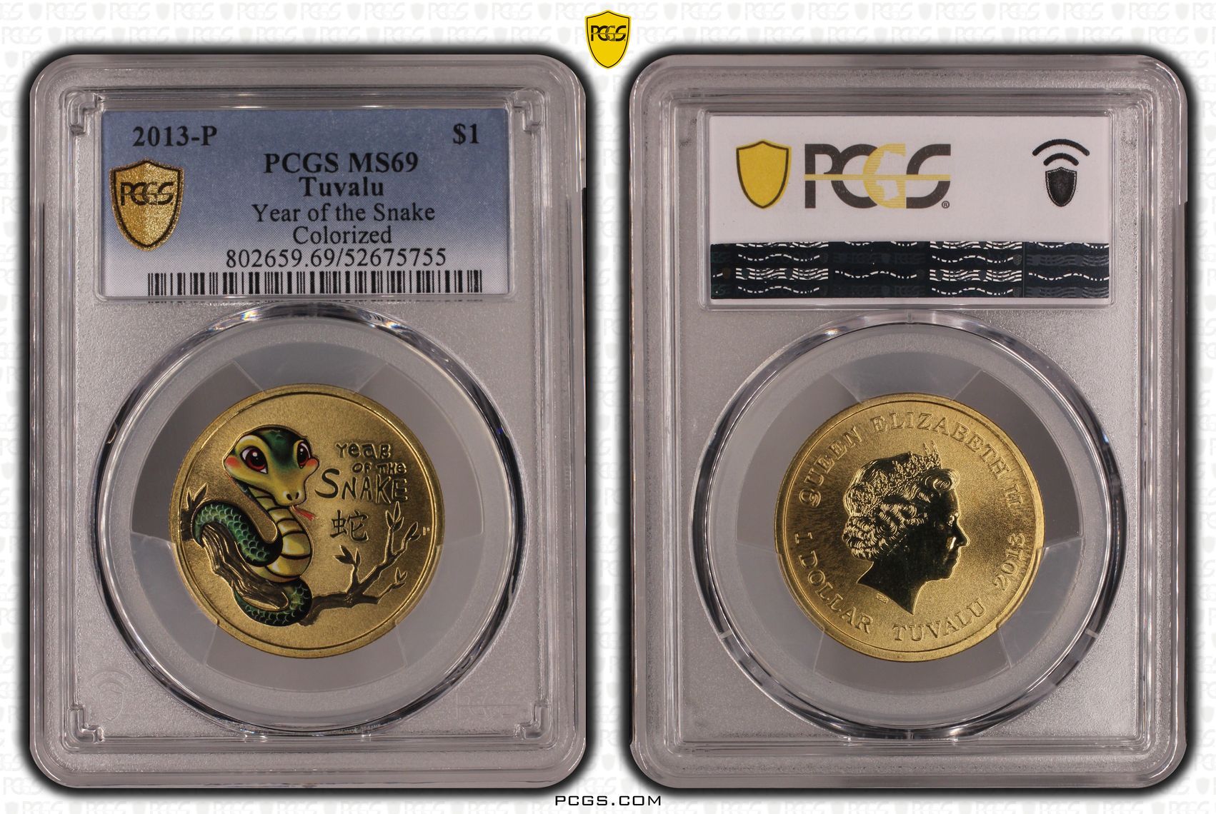 277 · Tuvalu, Year of the Snake Colorized, One Dollar, 2013-P, PCGS MS69