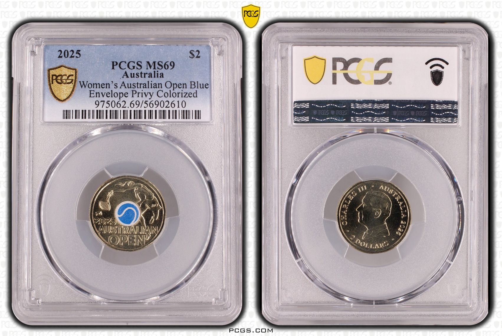 Women's Australian Open Blue Envelope Privy Colourised, Two Dollar, 2025, PCGS MS69