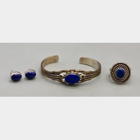 Lapis And Sterling Silver Bracelet, Ring, And Earrings