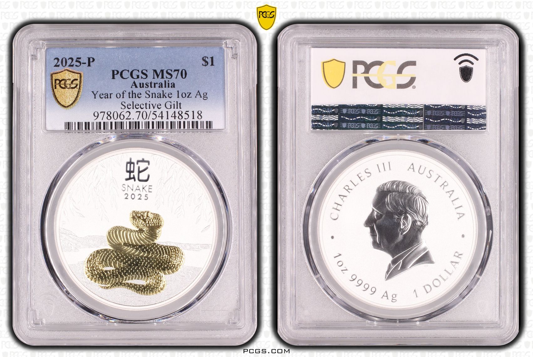 Year of the Snake 1oz Silver Selective Gilt, POP 16/0, One Dollar, 2025-P, PCGS MS70