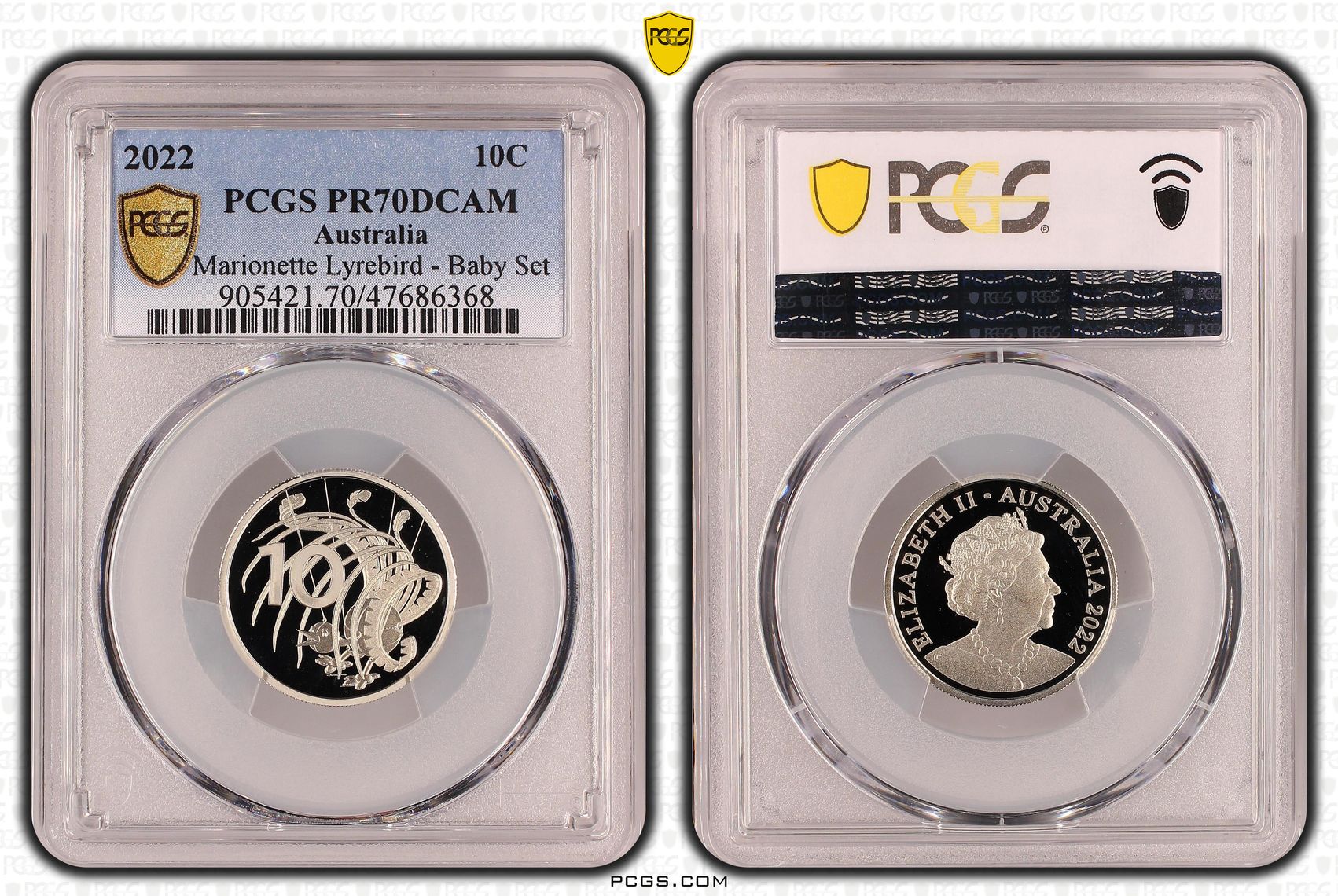 Elizabeth II, Marionette Lyrebird - Baby Set, Ten Cent, 2022, PCGS PR70DCAM
