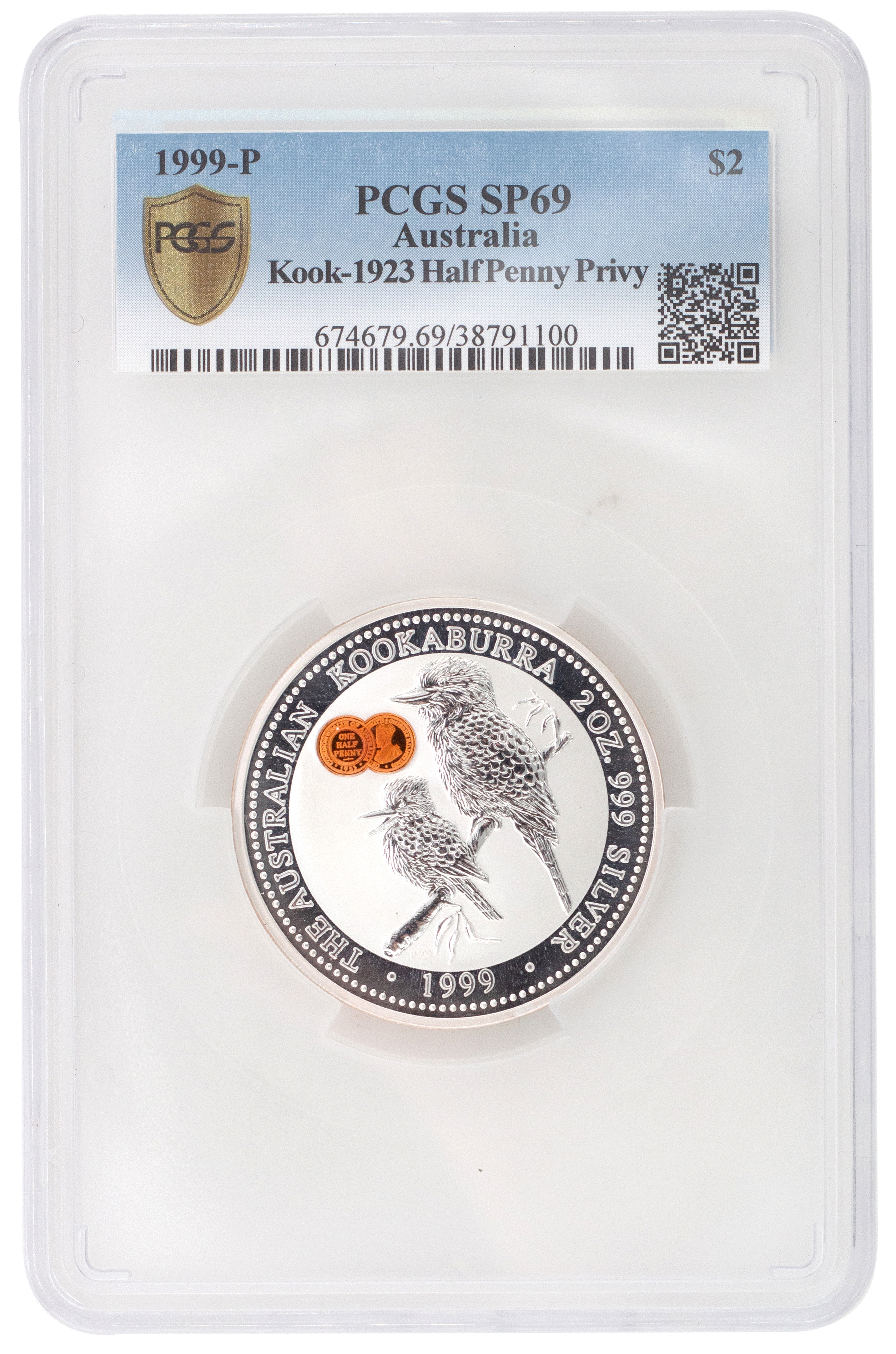 Elizabeth II, 2oz Kookaburra, Two Dollars, 1999-P, PCGSSP 69