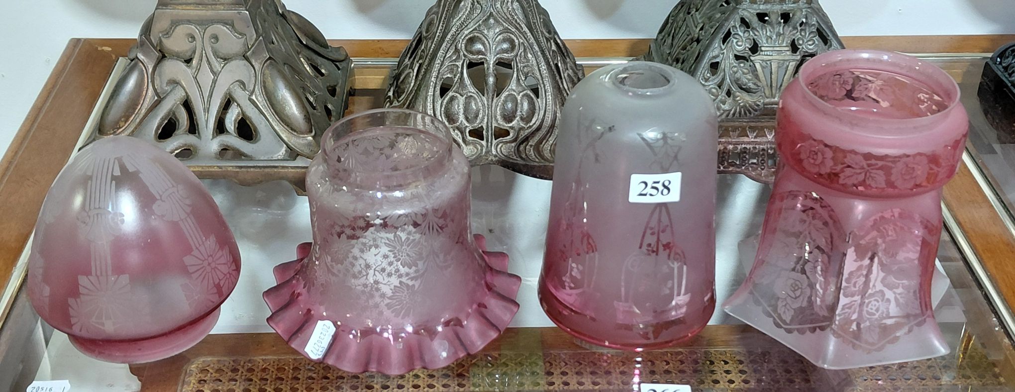 258 · 4 VICTORIAN CRANBERRY GLASS LAMP SHADES