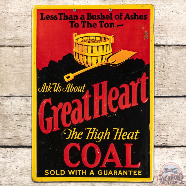 Great Heart Coal Embossed SS Tin Sign w/ Basket & Shovel Logo