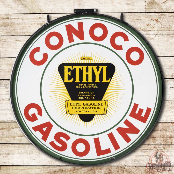30" Conoco Gasoline w/ Ethyl DS Porcelain Sign TAC 8.5