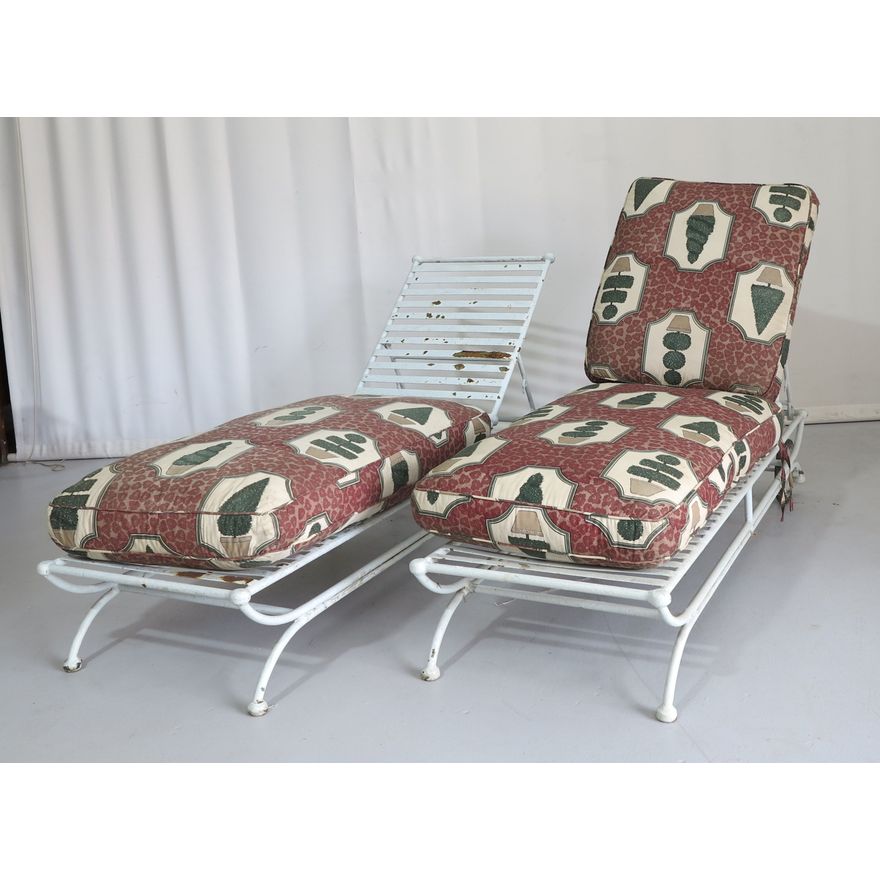 PAIR OF HEAVY STEEL SUN LOUNGERS one cushion missing