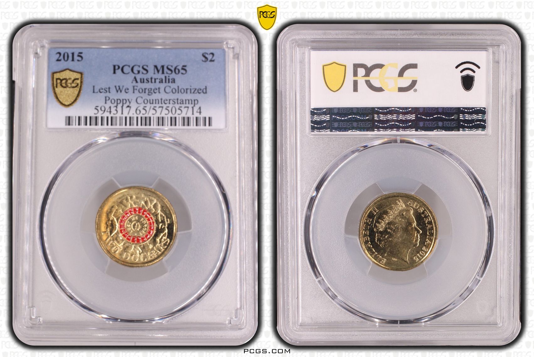 Lest We Forget Colourised Poppy Counterstamp, Two Dollar, 2015, MS65