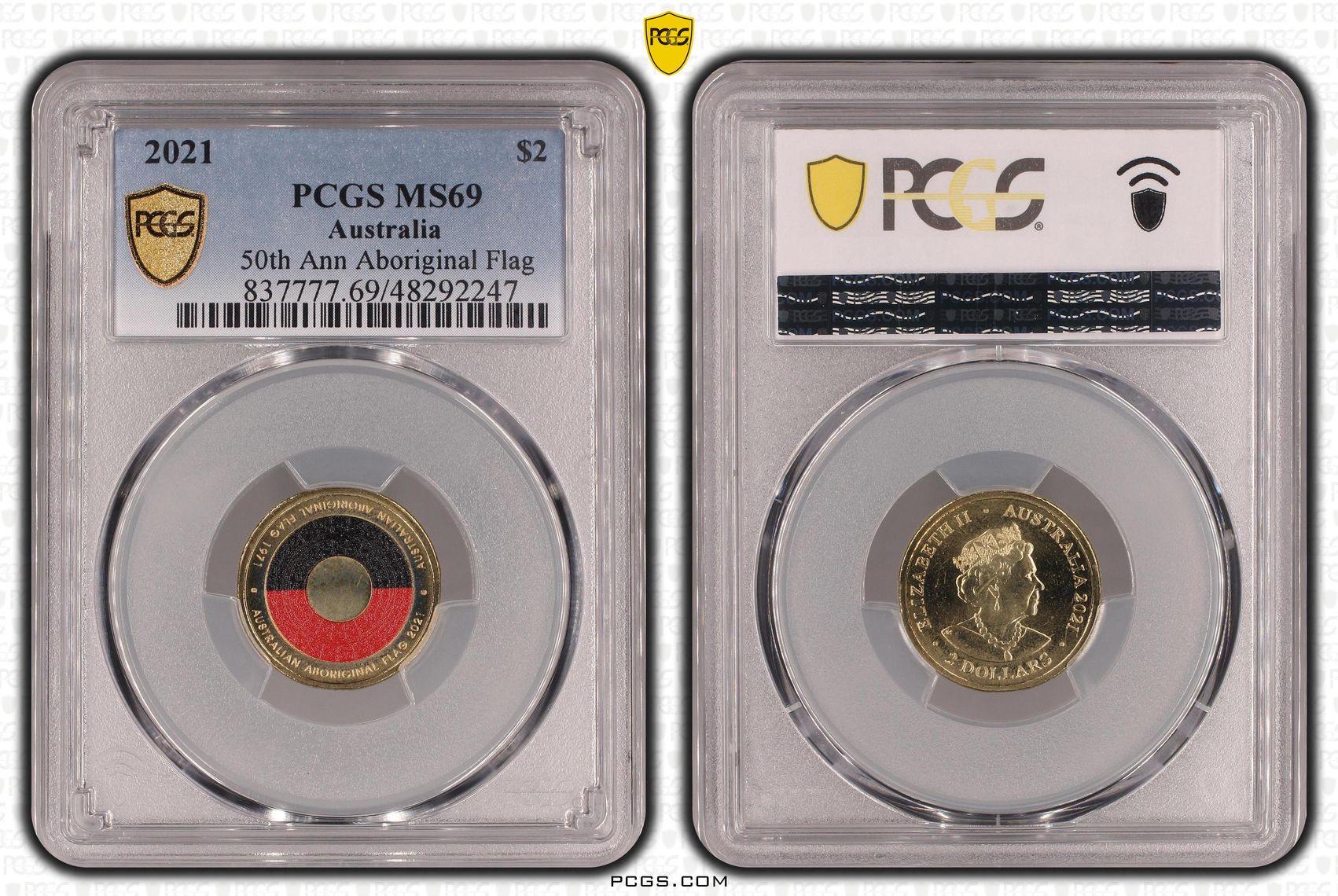 Elizabeth II, 50th Ann Aboriginal Flag Colorized , Two Dollar, 2021, PCGS MS69