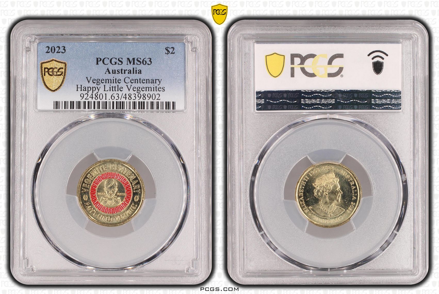 Elizabeth II, Vegemite Centenary - Happy Little Vegemites, Two Dollar, 2023, PCGS MS63