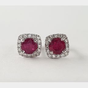 9CTWHITE GOLD SQUARE HALO EARRINGS WITH 0.800CT RUBBIES & 0.150CT DIAMONDS - 51929/3435