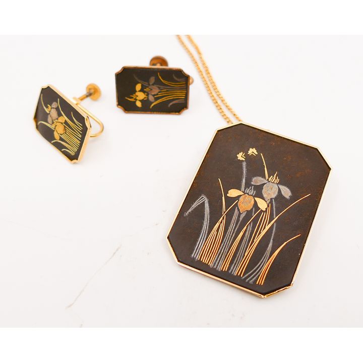 Vintage Japanese Damascene Jewelry Set in Box