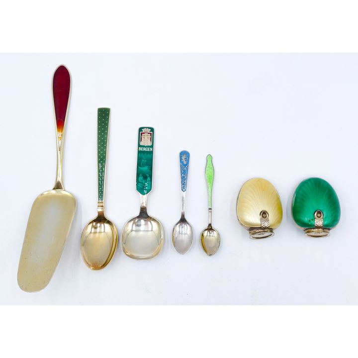 Box Norwegian Enameled Sterling Shakers & Flatware - 207 Grams TW
