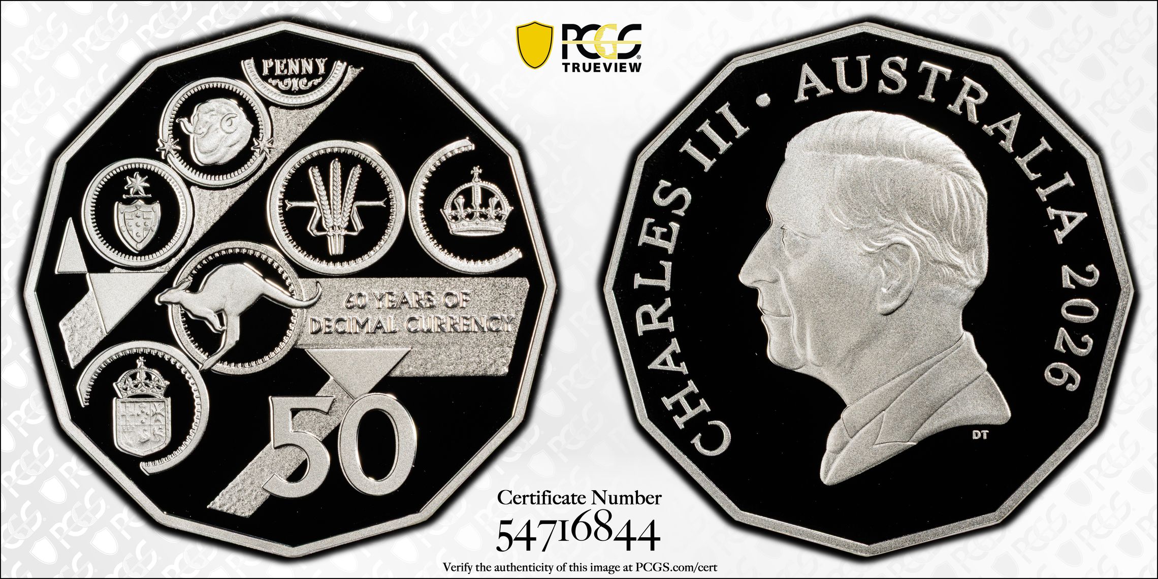 Decimal Currency 60th Anniversary Silver, 8/0, Fifty Cents, 2026, PCGS PR70DCAM