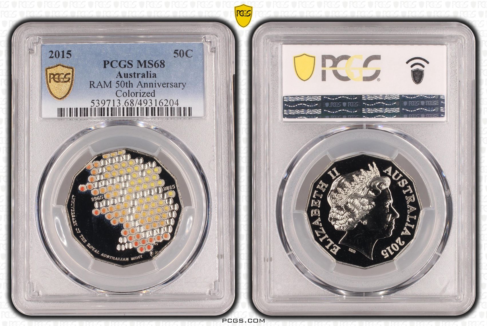Elizabeth II, RAM 50th Anniversary Colorized , Fifty Cent, 2015, PCGS MS68