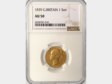 1839 VICTORIA YOUNG HEAD SHIELD GOLD SOVEREIGN AU50