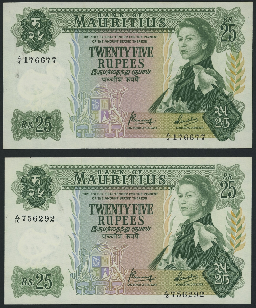 Bank of Mauritius, [2 notes] 25 Rupees, ND (1967), serial number A/4 ...