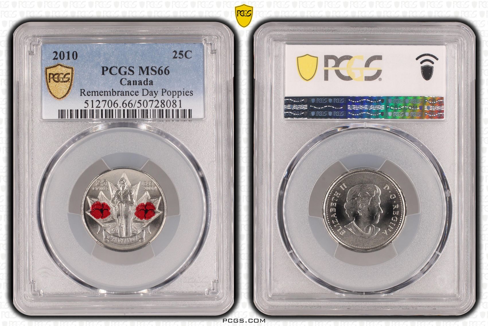 Canada, Remembrance Day Poppies, Twenty Five Cent, 2010, PCGS MS66