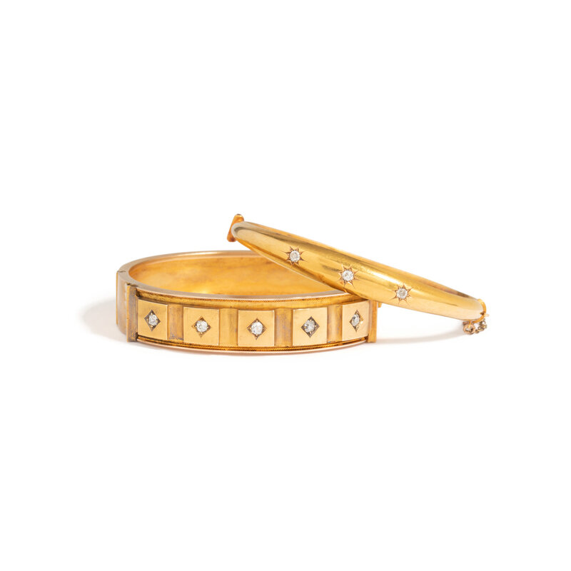 ANTIQUE, COLLECTION OF YELLOW GOLD AND DIAMOND BANGLE BRACELETS