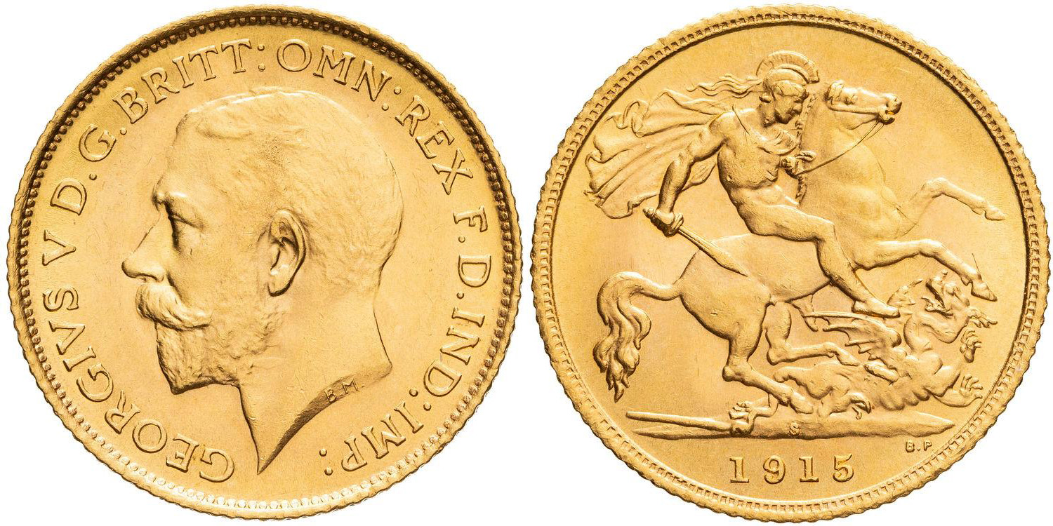George V, St George Reverse, Half Sovereign, 1915-S, GEM