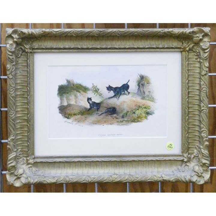 Antique Black Terrier Dogs Engraving Framed- 14x18''